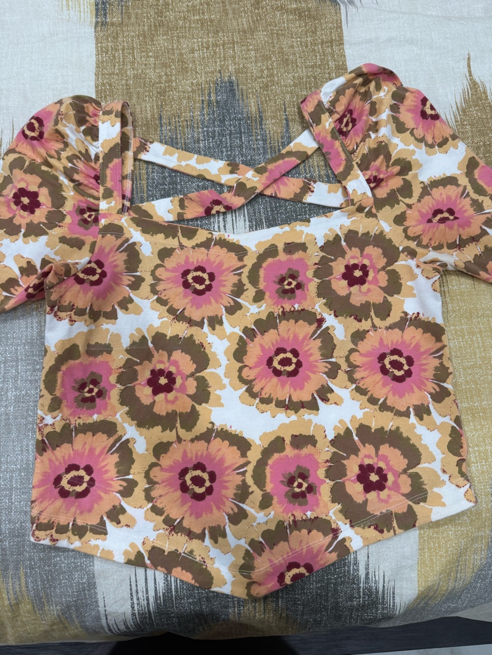 Free People Pink and Tan Floral Cotton Top